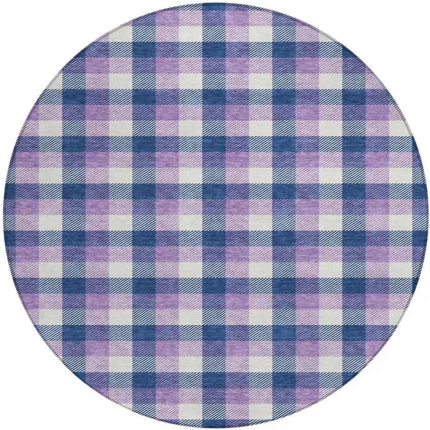 8' Navy Blue Purple And Beige Round Plaid Washable Indoor Outdoor Area Rug Photo 2