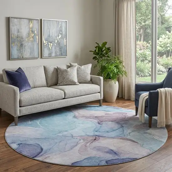 8' Navy Blue Purple And Gray Abstract Washable Round Rug With UV Protection Photo 1