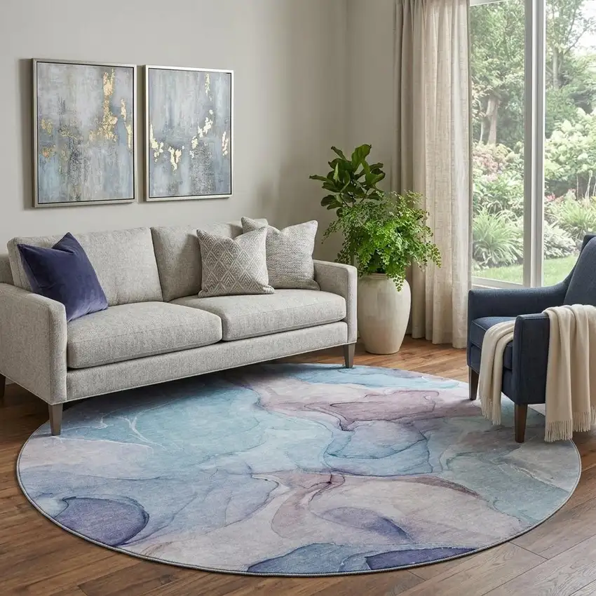 8' Navy Blue Purple And Gray Abstract Washable Round Rug With UV Protection Photo 1