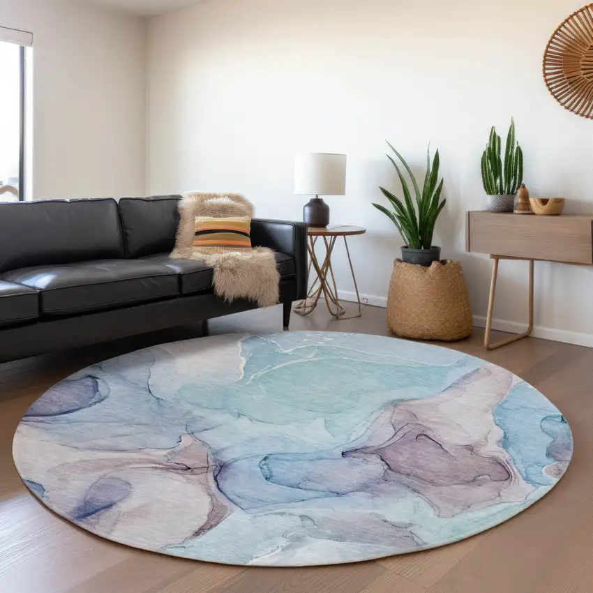 8' Navy Blue Purple And Gray Abstract Washable Round Rug With UV Protection Photo 5