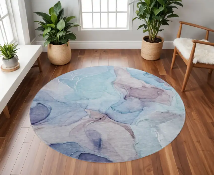 8' Navy Blue Purple And Gray Abstract Washable Round Rug With UV Protection Photo 2