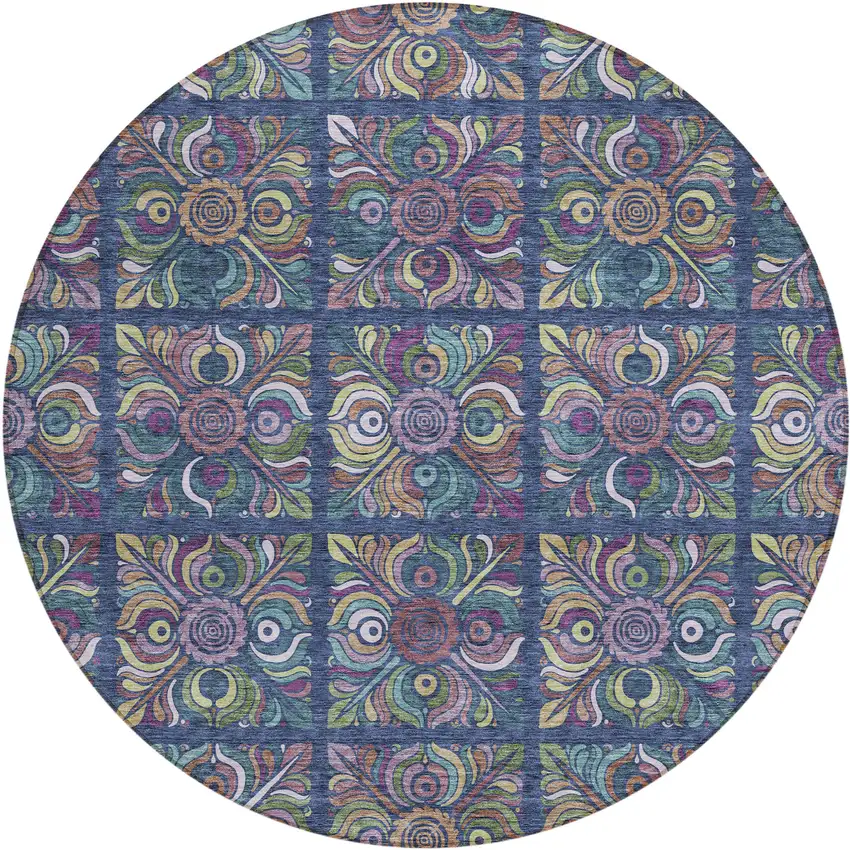 8' Navy Blue Purple And Teal Blue Round Medallion Washable Indoor Outdoor Area Rug Photo 2