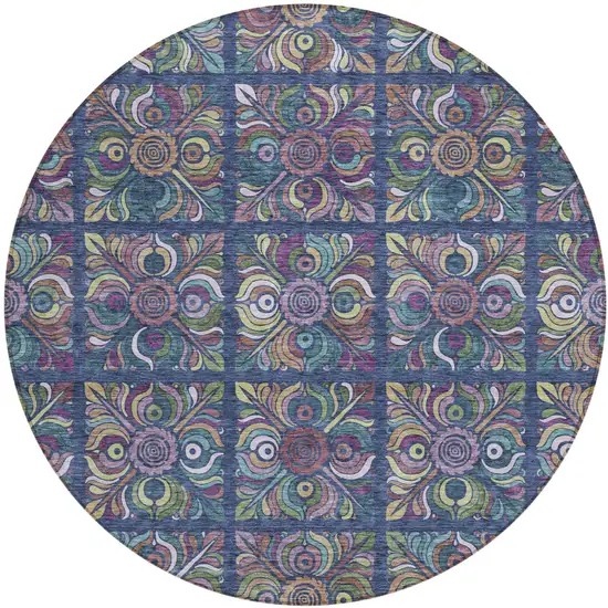 8' Navy Blue Purple And Teal Blue Round Medallion Washable Indoor Outdoor Area Rug Photo 2
