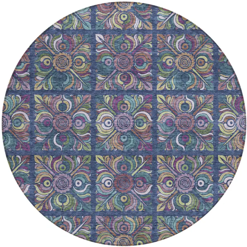 8' Navy Blue Purple And Teal Blue Round Medallion Washable Indoor Outdoor Area Rug Photo 2