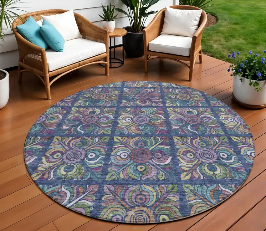 8' Navy Blue Purple And Teal Blue Round Medallion Washable Indoor Outdoor Area Rug Photo 1