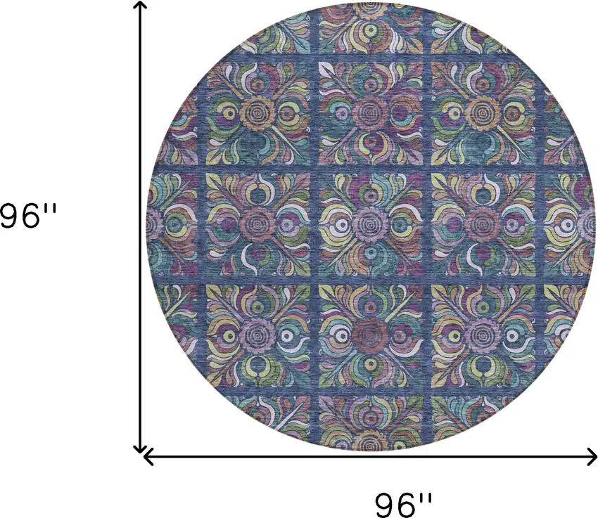 8' Navy Blue Purple And Teal Blue Round Medallion Washable Indoor Outdoor Area Rug Photo 3
