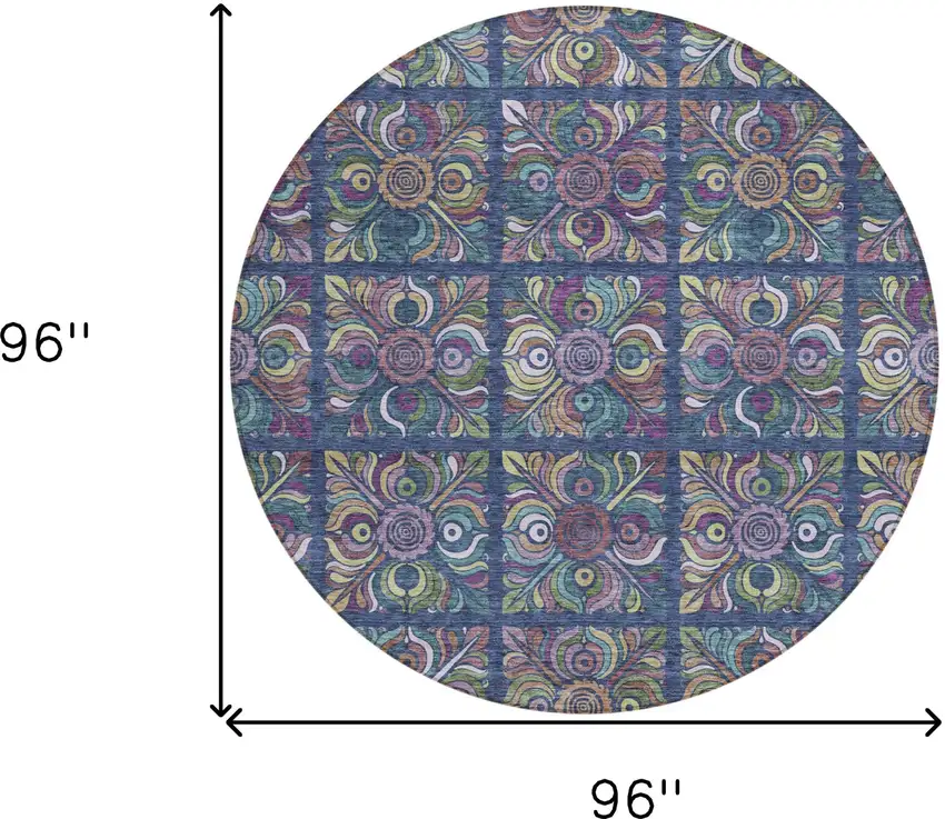8' Navy Blue Purple And Teal Blue Round Medallion Washable Indoor Outdoor Area Rug Photo 3