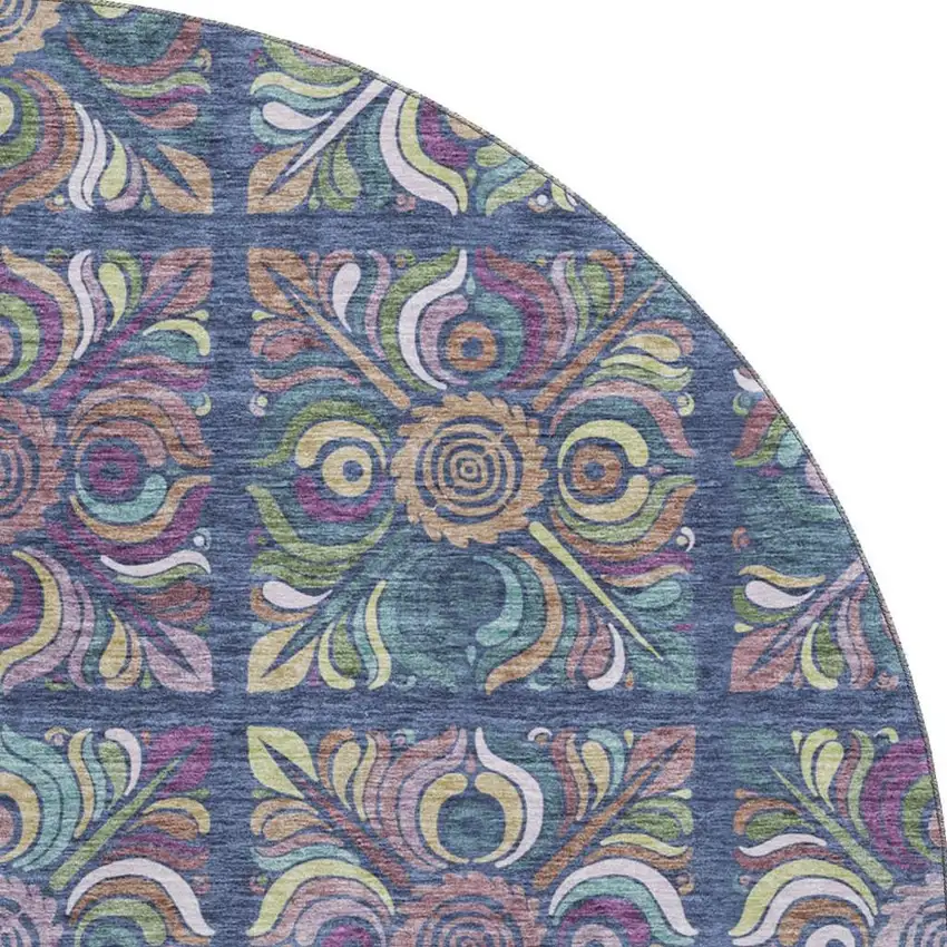 8' Navy Blue Purple And Teal Medallion Washable Round Rug With UV Protection Photo 4