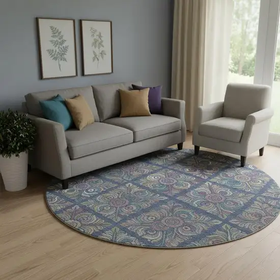 8' Navy Blue Purple And Teal Medallion Washable Round Rug With UV Protection Photo 1