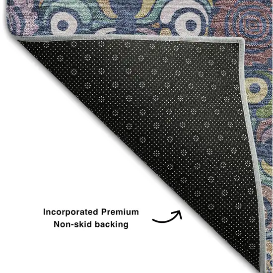 8' Navy Blue Purple And Teal Medallion Washable Round Rug With UV Protection Photo 6