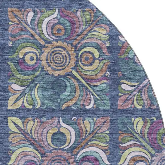 8' Navy Blue Purple And Teal Medallion Washable Round Rug With UV Protection Photo 3