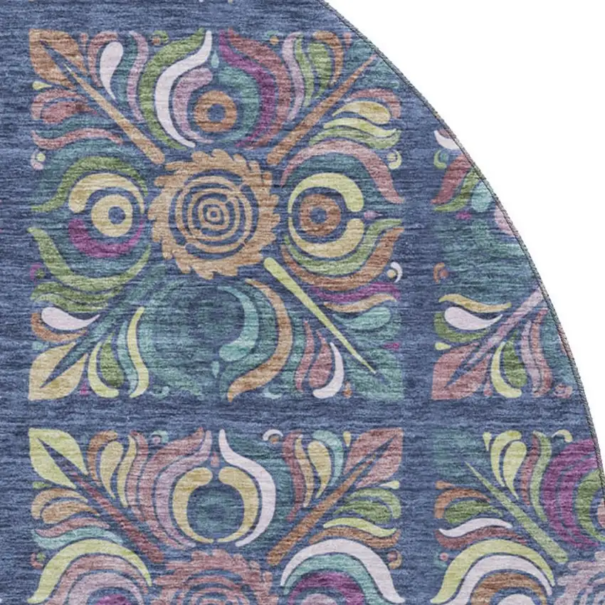 8' Navy Blue Purple And Teal Medallion Washable Round Rug With UV Protection Photo 3