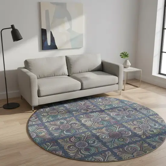 8' Navy Blue Purple And Teal Medallion Washable Round Rug With UV Protection Photo 2