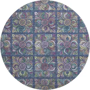 Photo of 8' Navy Blue Purple And Teal Medallion Washable Round Rug With UV Protection