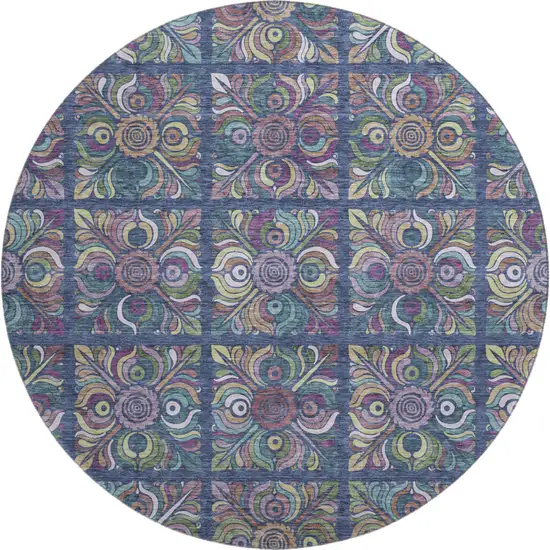 8' Navy Blue Purple And Teal Medallion Washable Round Rug With UV Protection Photo 1