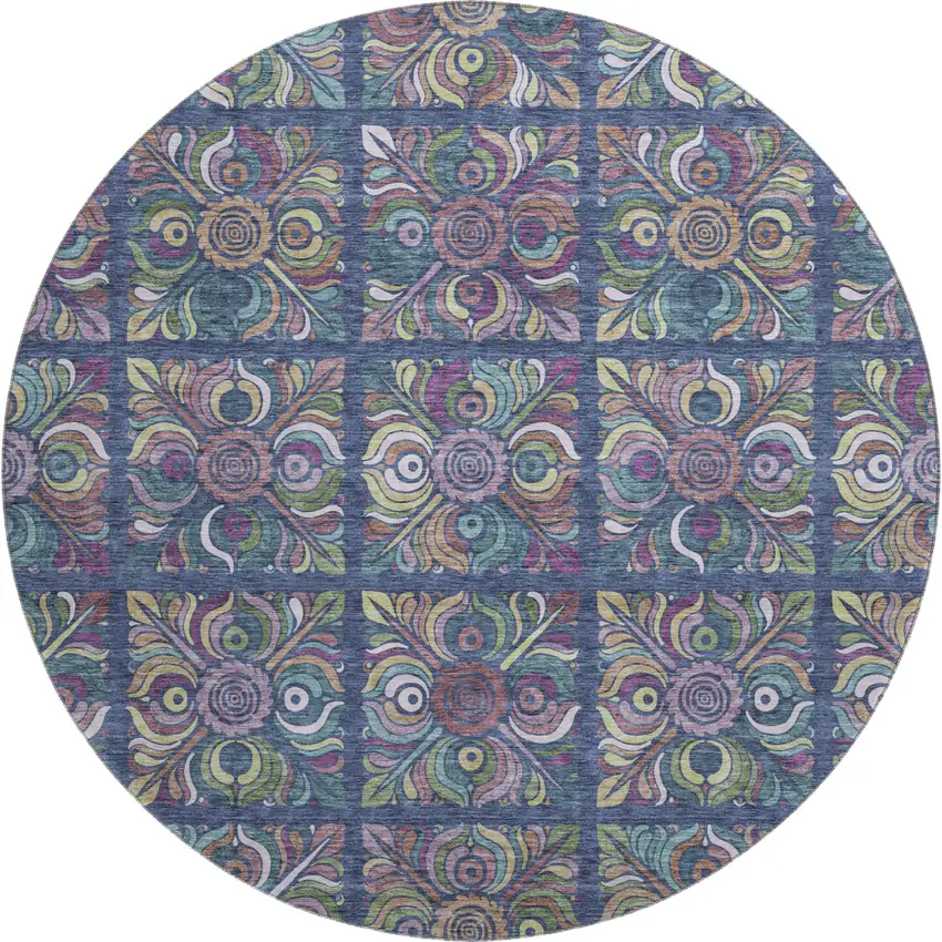 8' Navy Blue Purple And Teal Medallion Washable Round Rug With UV Protection Photo 1