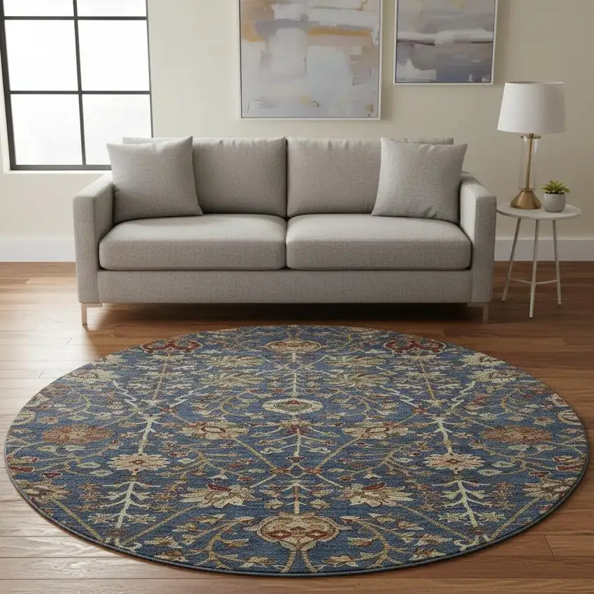 8' Navy Blue Red And Green Floral Washable Round Rug With UV Protection Photo 2