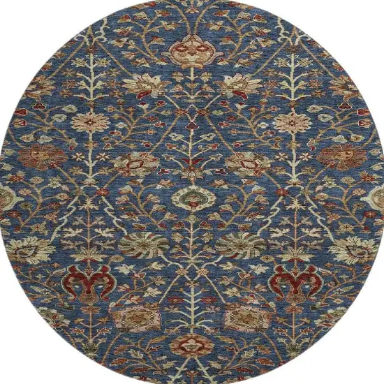8' Navy Blue Red And Green Floral Washable Round Rug With UV Protection Photo 3