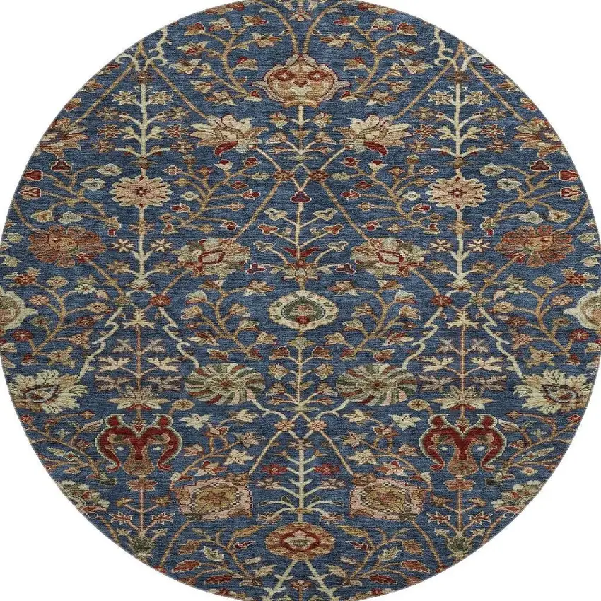 8' Navy Blue Red And Green Floral Washable Round Rug With UV Protection Photo 3