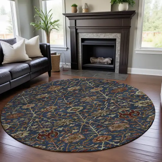 8' Navy Blue Red And Green Floral Washable Round Rug With UV Protection Photo 4