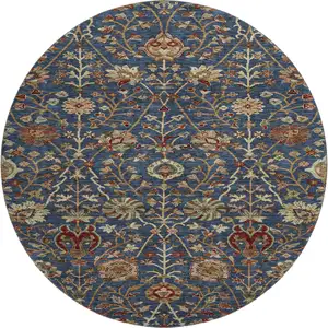 Photo of 8' Navy Blue Red And Green Floral Washable Round Rug With UV Protection