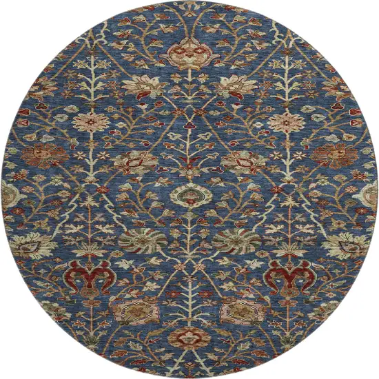 8' Navy Blue Red And Green Floral Washable Round Rug With UV Protection Photo 1