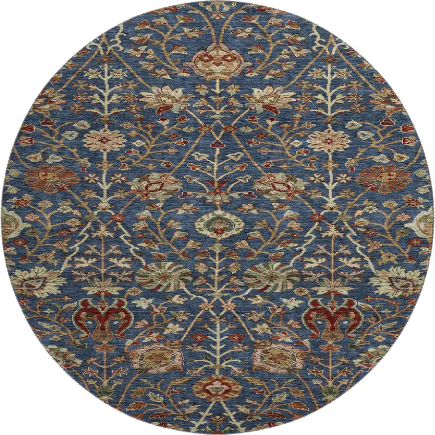 8' Navy Blue Red And Green Floral Washable Round Rug With UV Protection Photo 1
