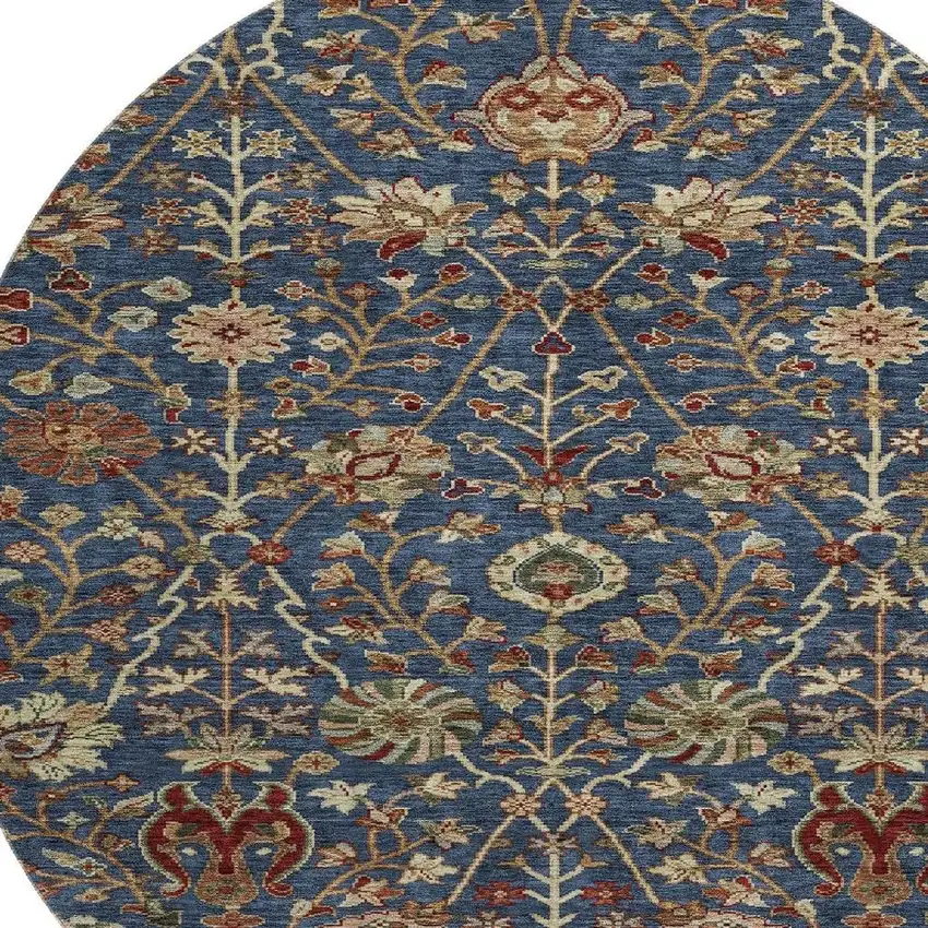 8' Navy Blue Red And Green Floral Washable Round Rug With UV Protection Photo 2
