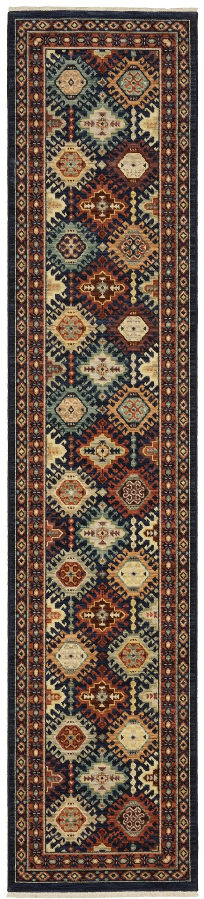 12' Navy Blue Red And Orange Oriental Runner Rug With Fringe Photo 5