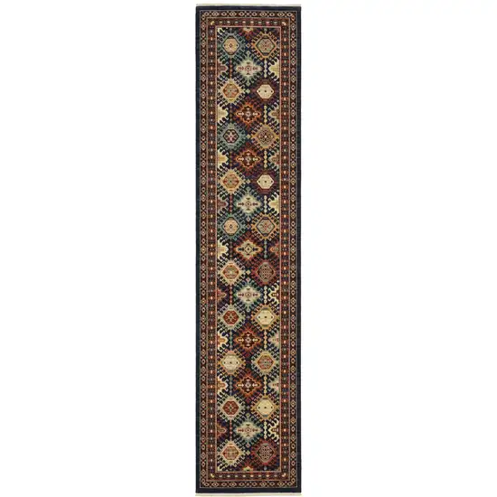 12' Navy Blue Red And Orange Oriental Runner Rug With Fringe Photo 5