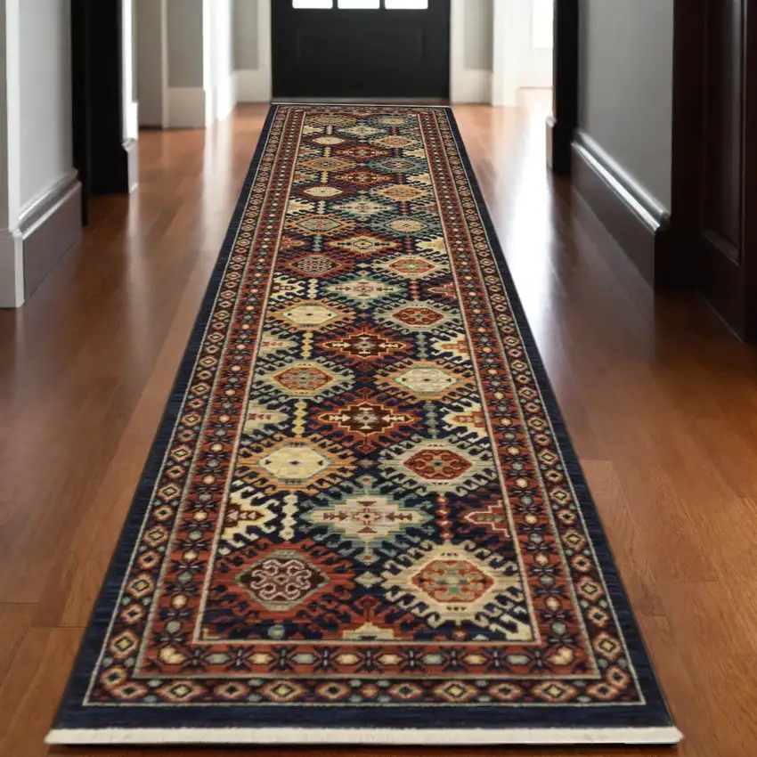 12' Navy Blue Red And Orange Oriental Runner Rug With Fringe Photo 1