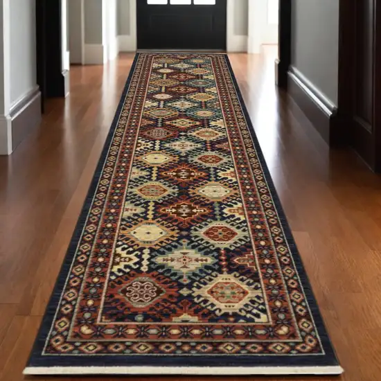 12' Navy Blue Red And Orange Oriental Runner Rug With Fringe Photo 1