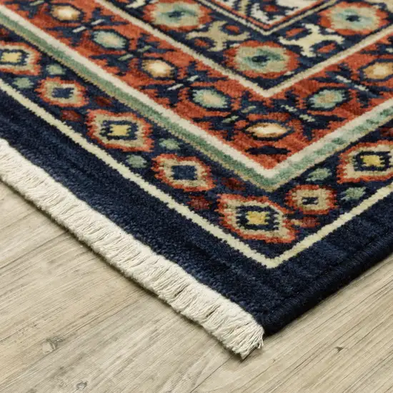 12' Navy Blue Red And Orange Oriental Runner Rug With Fringe Photo 9