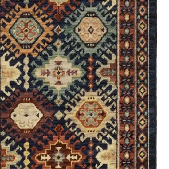 12' Navy Blue Red And Orange Oriental Runner Rug With Fringe Photo 8