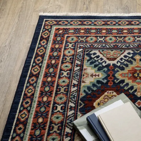 12' Navy Blue Red And Orange Oriental Runner Rug With Fringe Photo 9