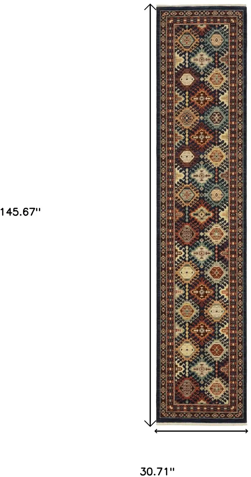 12' Navy Blue Red And Orange Oriental Runner Rug With Fringe Photo 3