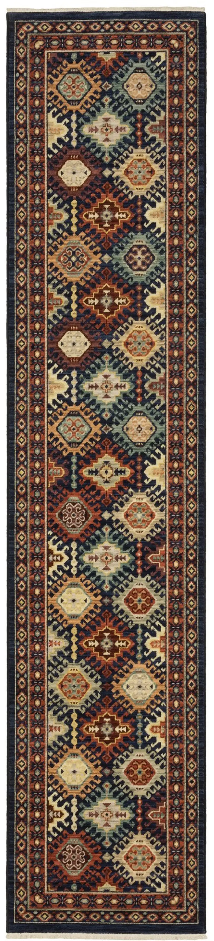 12' Navy Blue Red And Orange Oriental Runner Rug With Fringe Photo 2