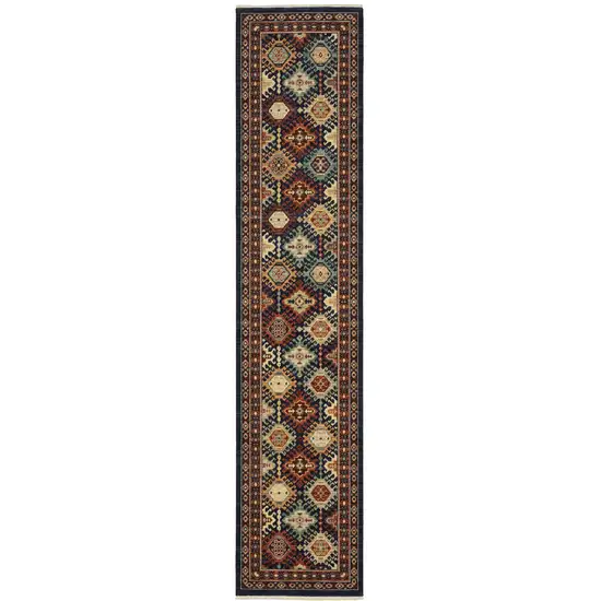 12' Navy Blue Red And Orange Oriental Runner Rug With Fringe Photo 2