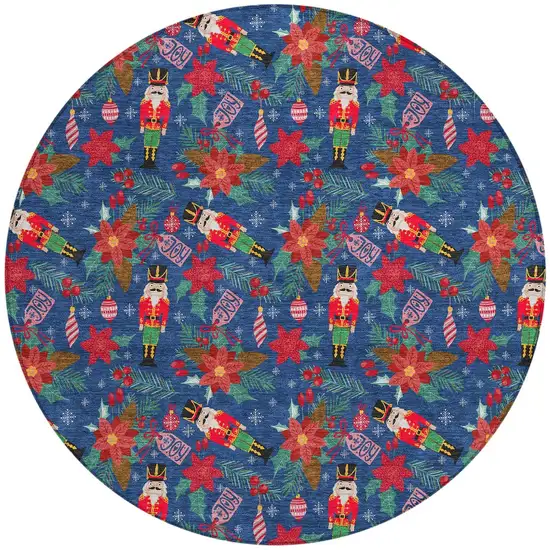 8' Navy Blue Red Black Pink And Brown Round Floral Washable Indoor Outdoor Area Rug Photo 3