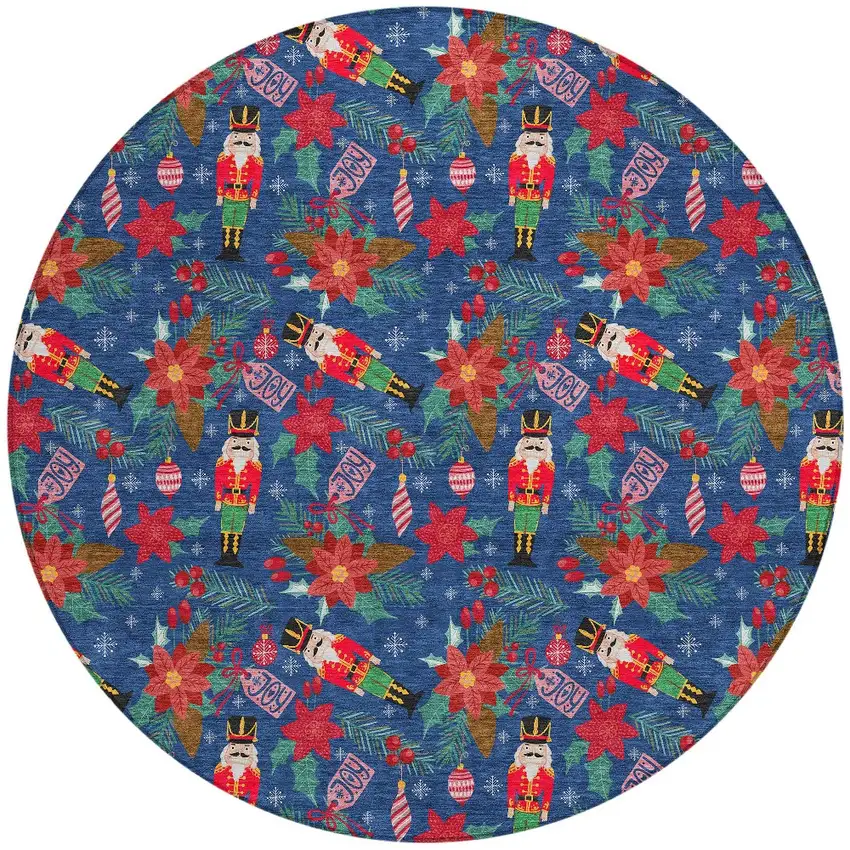 8' Navy Blue Red Black Pink And Brown Round Floral Washable Indoor Outdoor Area Rug Photo 3