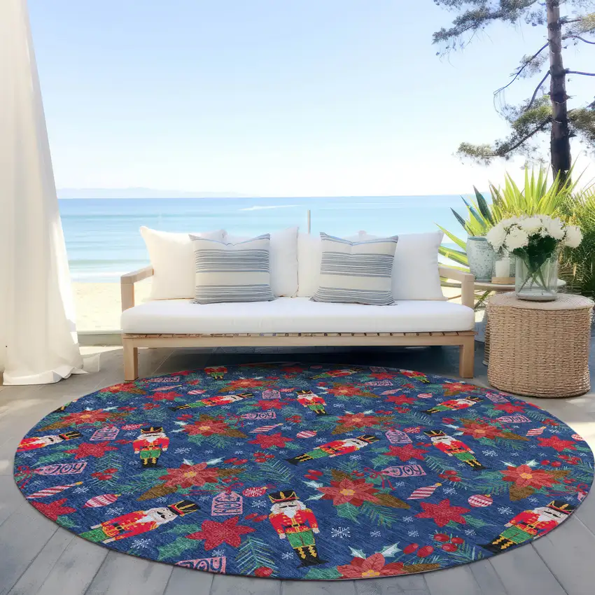 8' Navy Blue Red Black Pink And Brown Round Floral Washable Indoor Outdoor Area Rug Photo 5