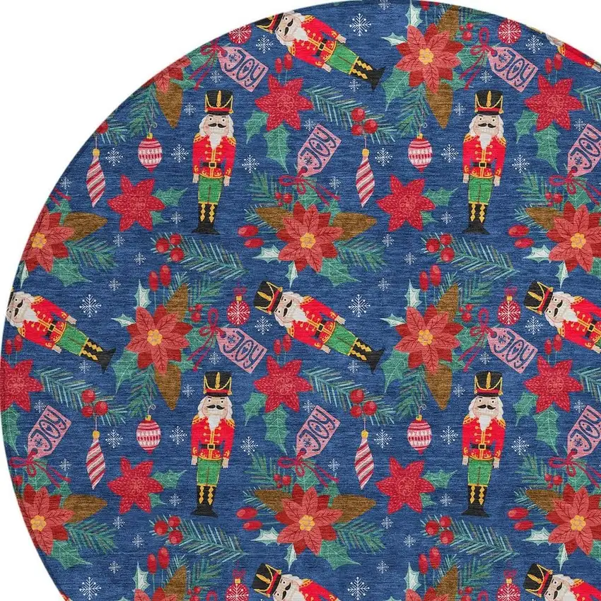 8' Navy Blue Red Black Pink And Brown Round Floral Washable Indoor Outdoor Area Rug Photo 4