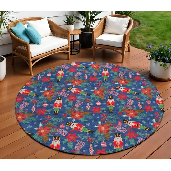 8' Navy Blue Red Black Pink And Brown Round Floral Washable Indoor Outdoor Area Rug Photo 2