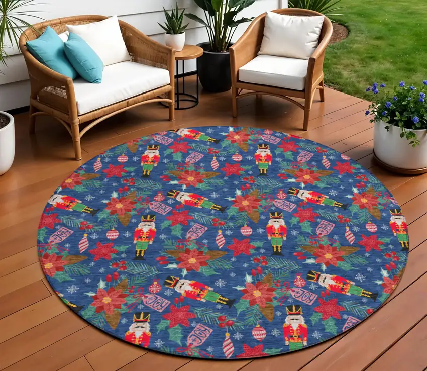 8' Navy Blue Red Black Pink And Brown Round Floral Washable Indoor Outdoor Area Rug Photo 2