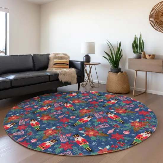 8' Navy Blue Red Black Pink And Brown Round Floral Washable Indoor Outdoor Area Rug Photo 6