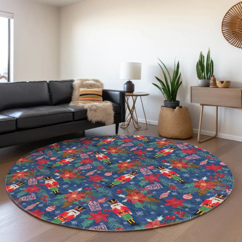 8' Navy Blue Red Black Pink And Brown Round Floral Washable Indoor Outdoor Area Rug Photo 6