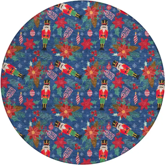 8' Navy Blue Red Black Pink And Brown Round Floral Washable Indoor Outdoor Area Rug Photo 1