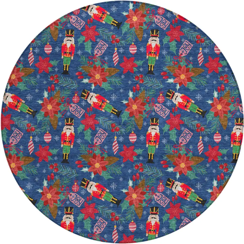8' Navy Blue Red Black Pink And Brown Round Floral Washable Indoor Outdoor Area Rug Photo 1