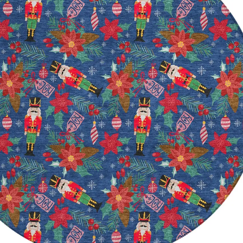 8' Navy Blue Red Black Pink And Brown Round Floral Washable Indoor Outdoor Area Rug Photo 9
