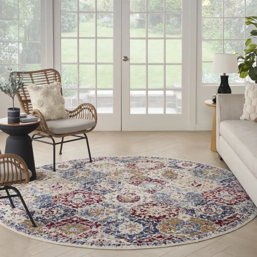 8' Navy Blue Round Damask Power Loom Distressed Area Rug Photo 7